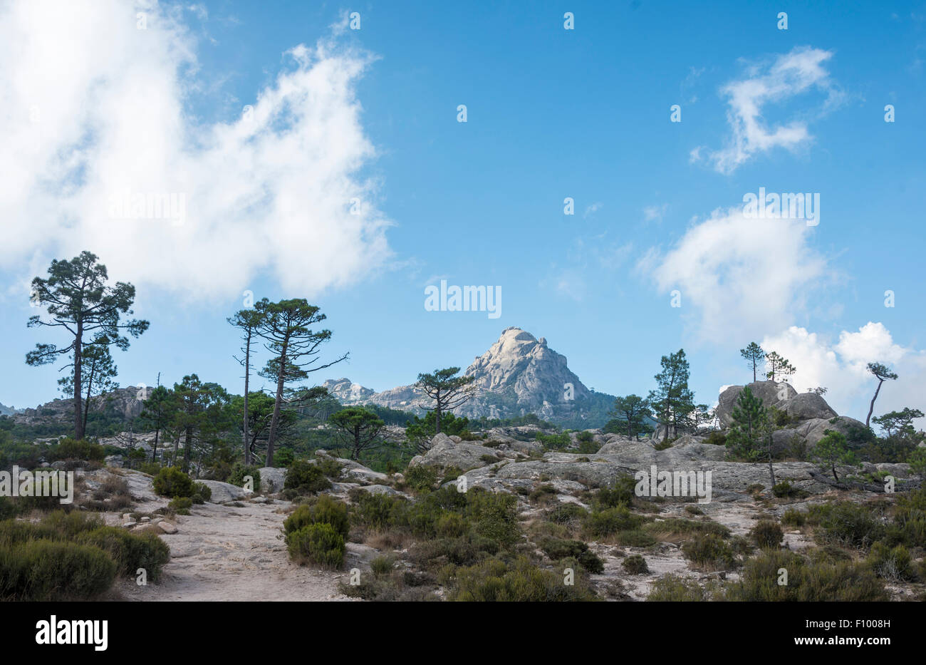 Sendero de Piscia di Gallo, paisaje de montaña con Punta di u Diamante, Ospedale, Alta Rocca, Córcega, Francia Foto de stock