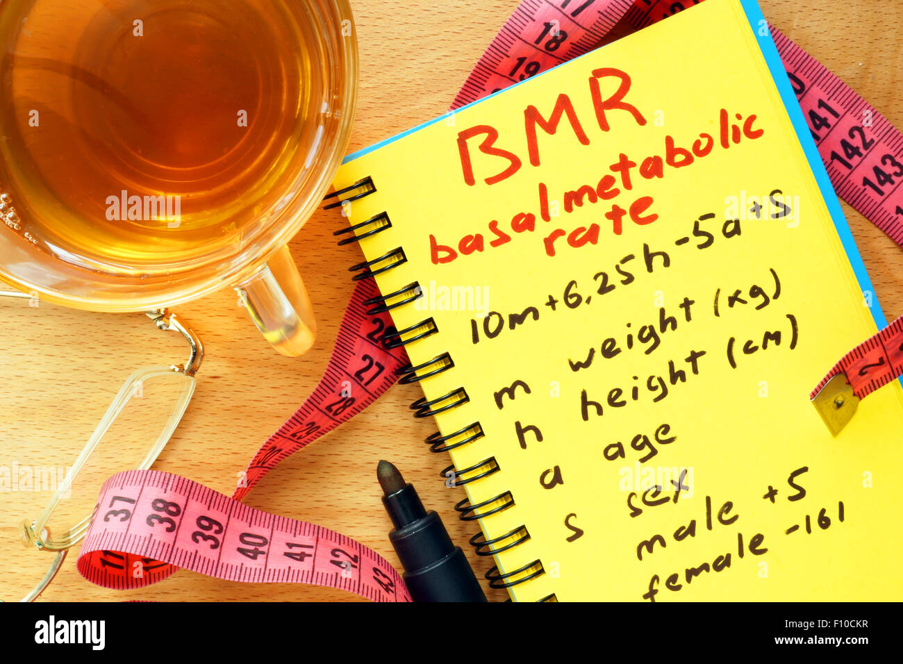 BMR tasa metabólica basal fórmula en un bloc de notas. Foto de stock