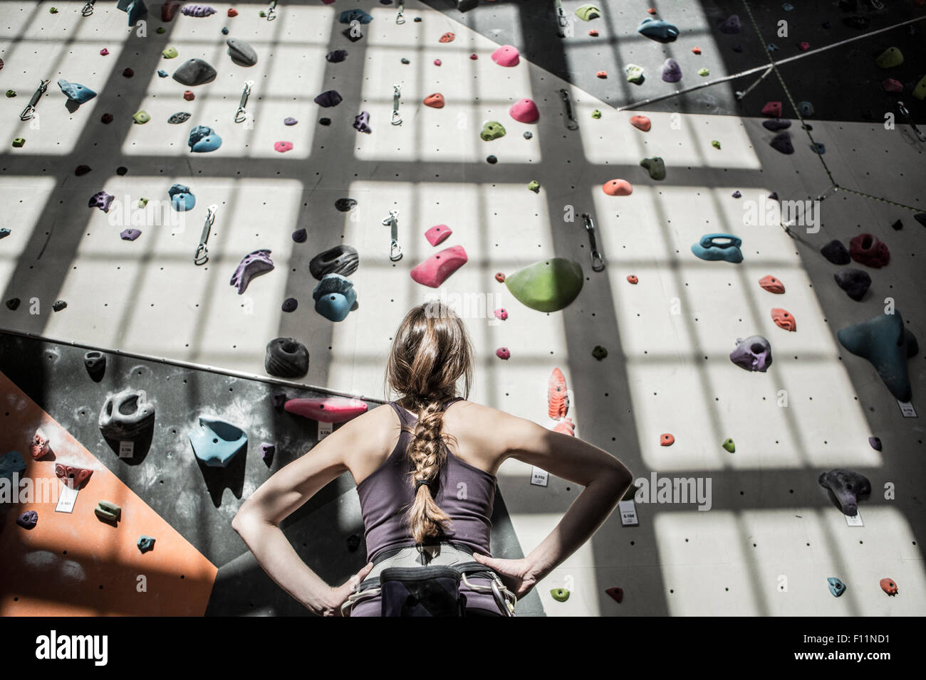 Atleta examinar pared de roca en el gimnasio Foto de stock