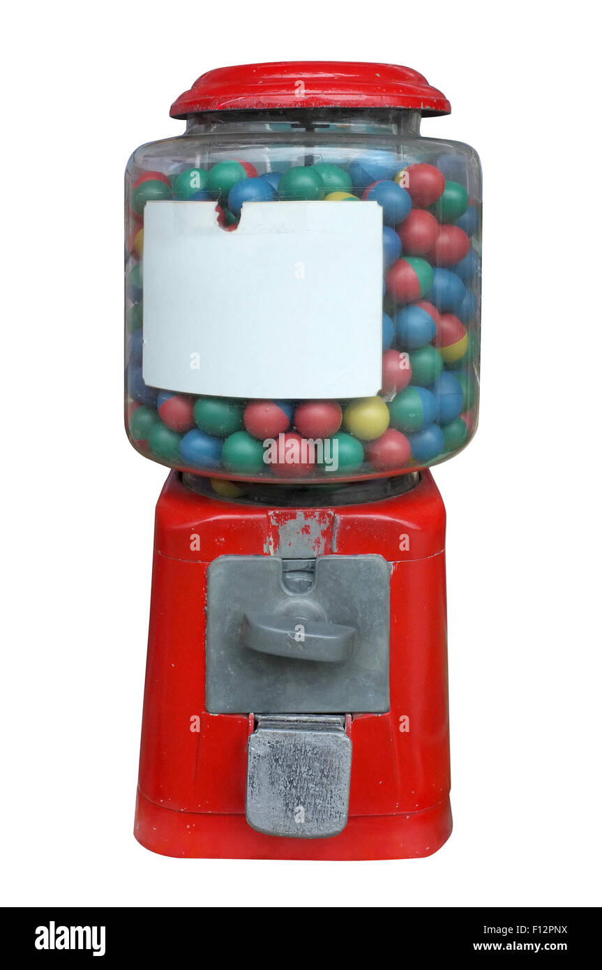 Dispensador de caramelos, chicles bola máquina, máquina expendedora con etiqueta vacía en blanco Foto de stock