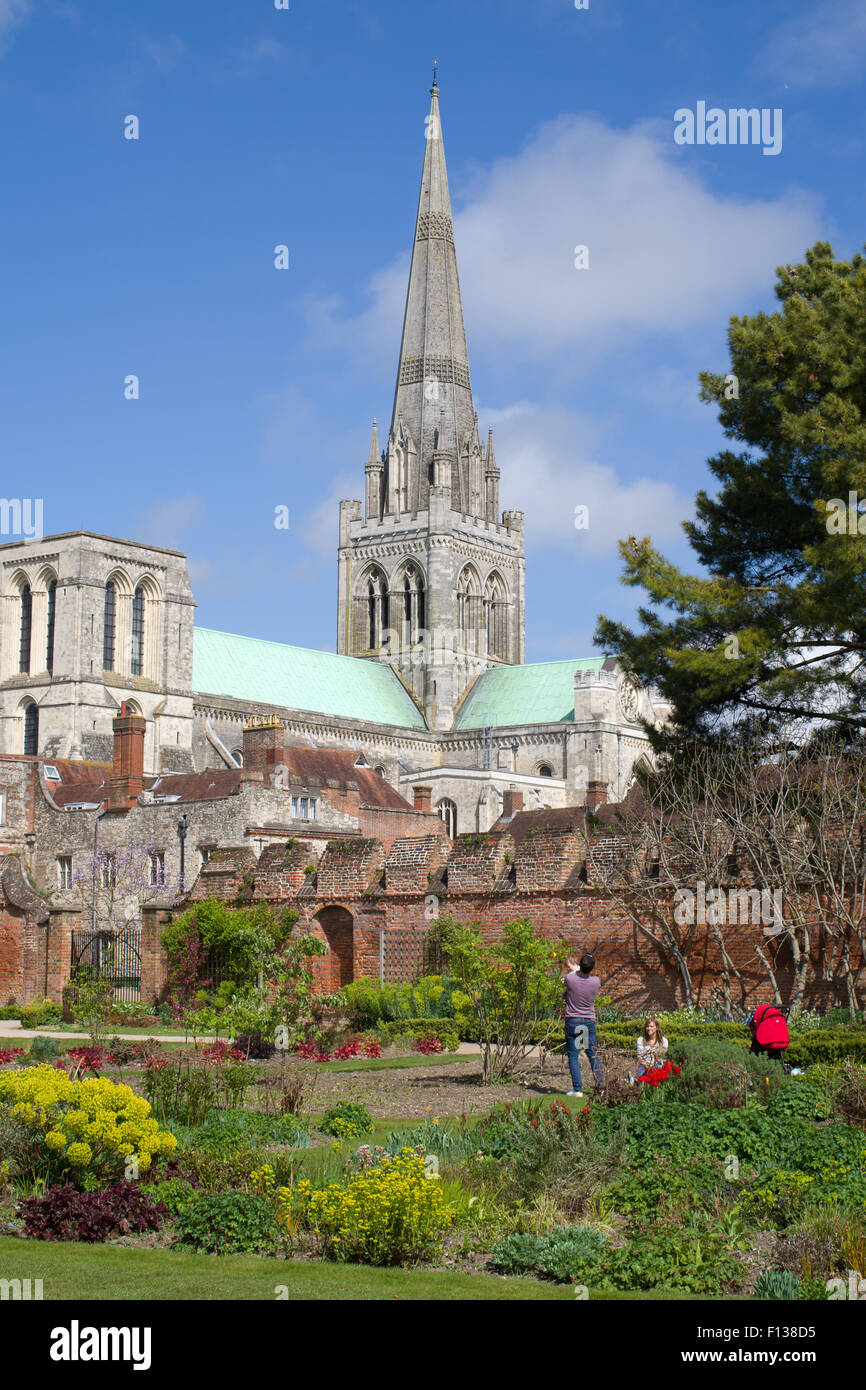 Chicester catedral visto desde los Obispos camina jardines Foto de stock