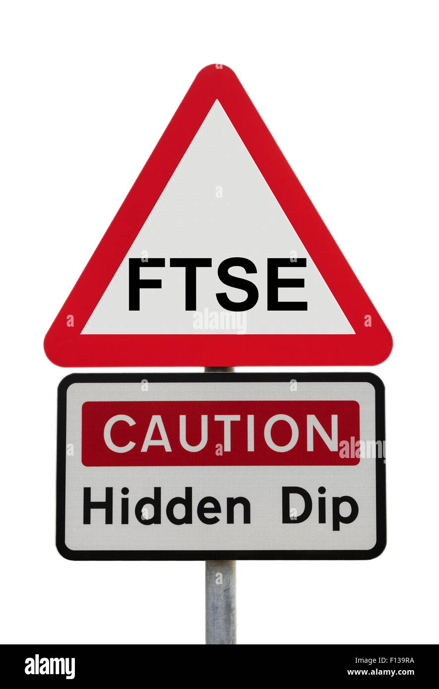 Señal de peligro triangular rojo advertencia precaución oculto con DIP FTSE 100 para ilustrar la recesión y la caída de las existencias y acciones tras Brexit. Reino Unido de Gran Bretaña Foto de stock