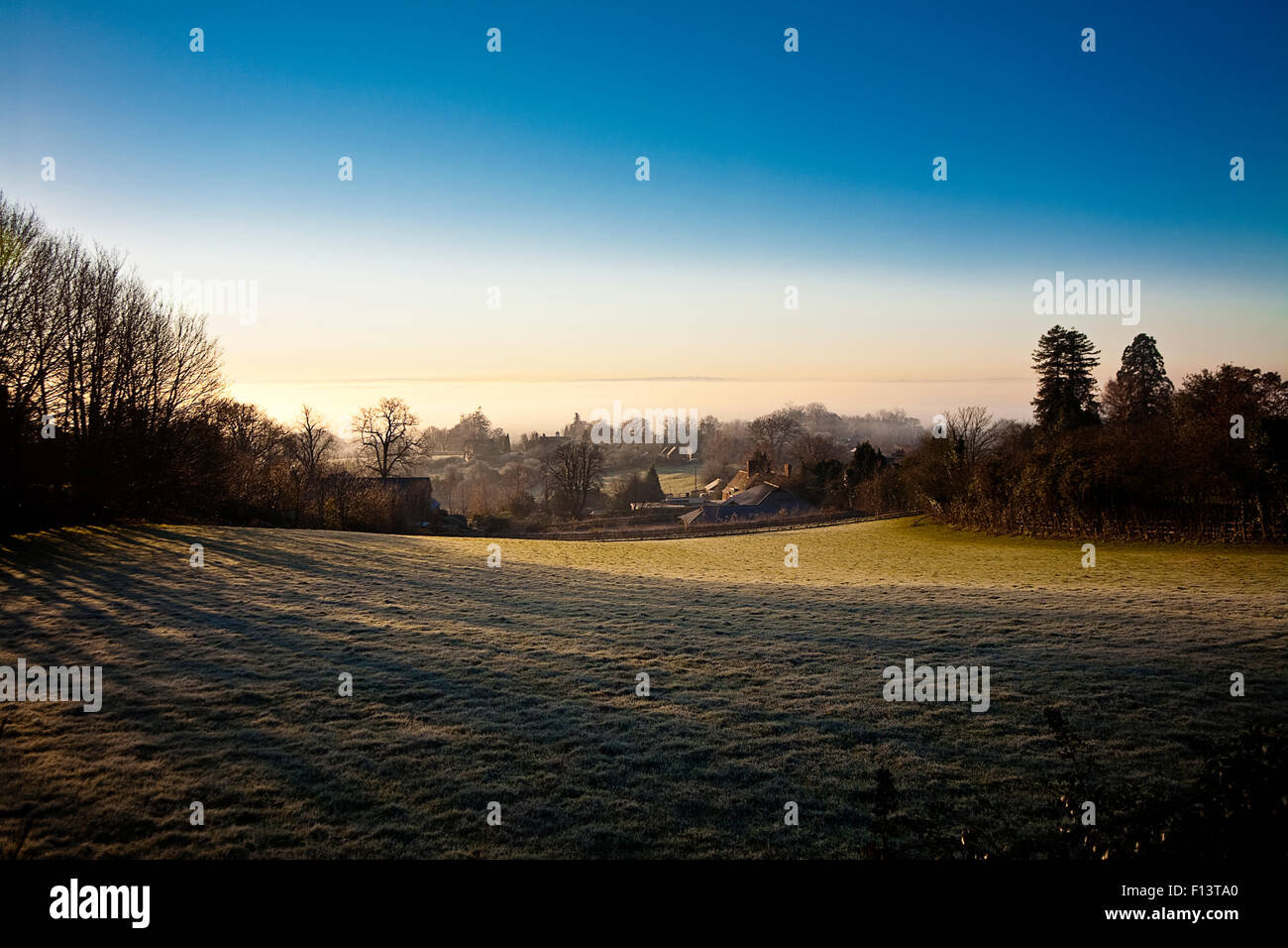 Vista al sur sobre el Weald de Kent a Crockham Hill, cerca de Oxted y Edenbridge en invierno Foto de stock