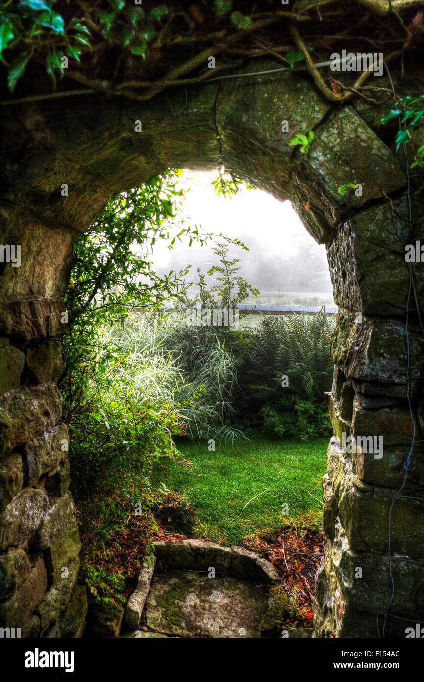 Misty weather niebla matutina a través de rocío arco Jardín secreto soñador ver escena Foto de stock