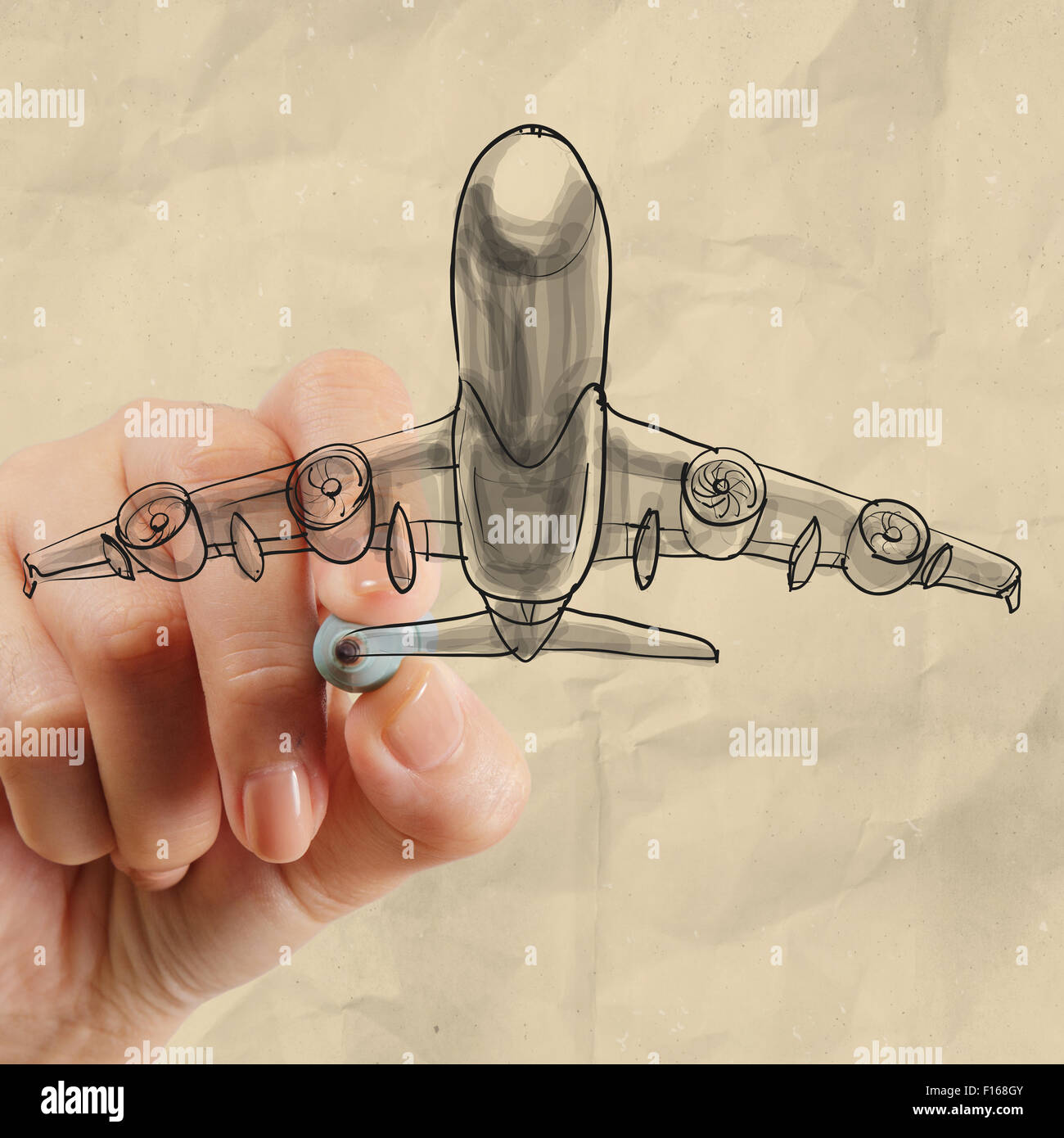 Dibujo a mano alzada, avión con papel arrugado como concepto de fondo  Fotografía de stock - Alamy
