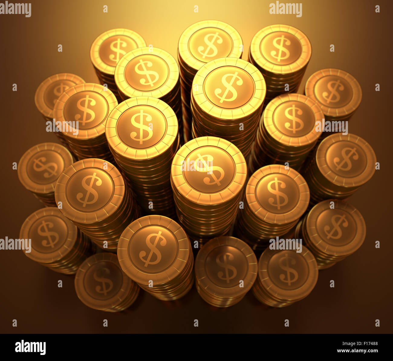 Monedas de oro apiladas en concepto de riqueza. Trazado de recorte incluido. Foto de stock
