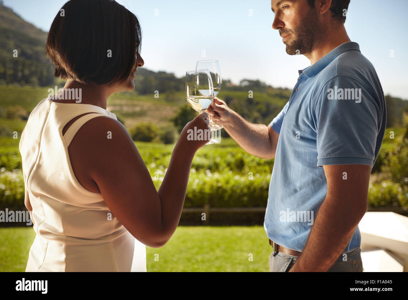 Closeup shot de pareja joven vino tostado mientras está parado afuera en  bodega restaurante con viñedos en el fondo. Hombre y wom Fotografía de  stock - Alamy