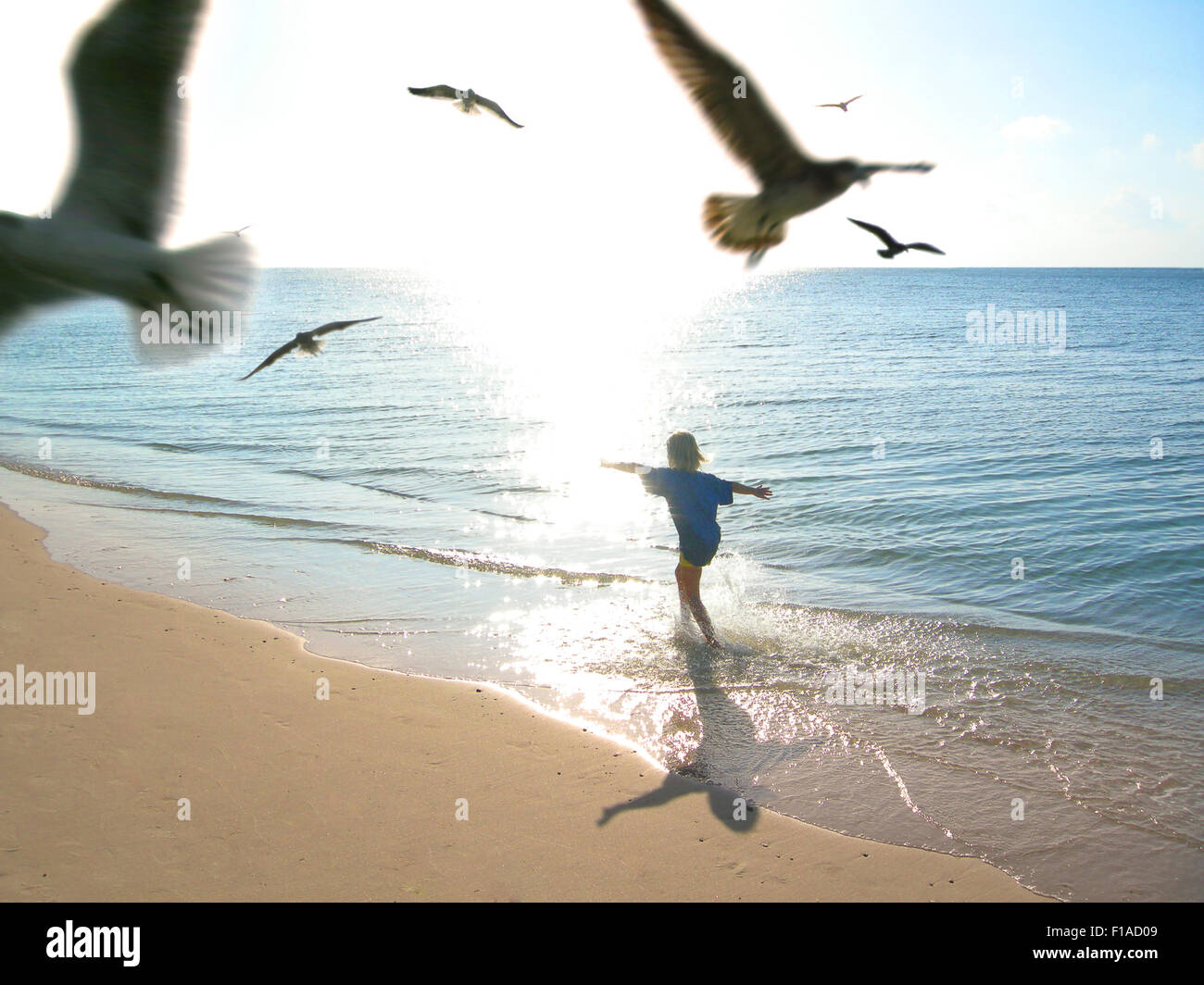 Chica corriendo despreocupado en Sunny Beach con gaviotas volando Foto de stock