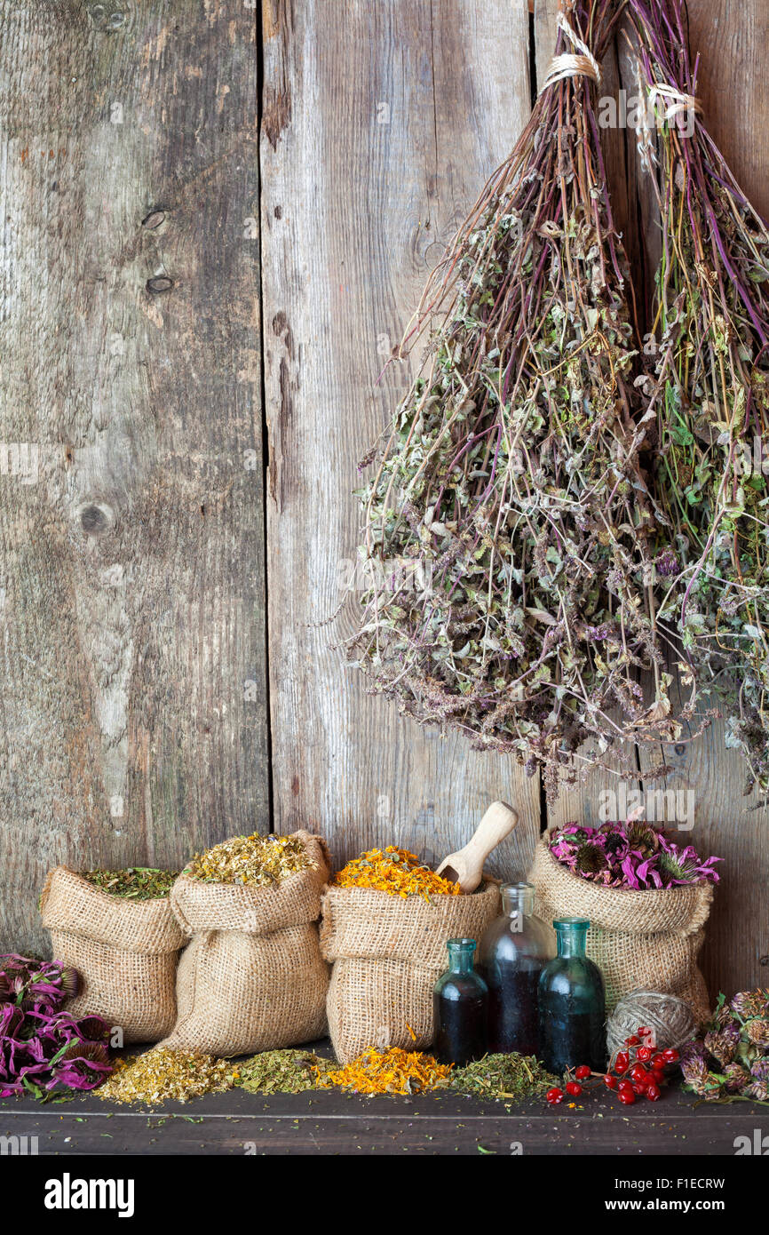 Hierbas curativas en sacos de arpillera cerca de la pared de madera rústica, la medicina herbaria. Foto de stock