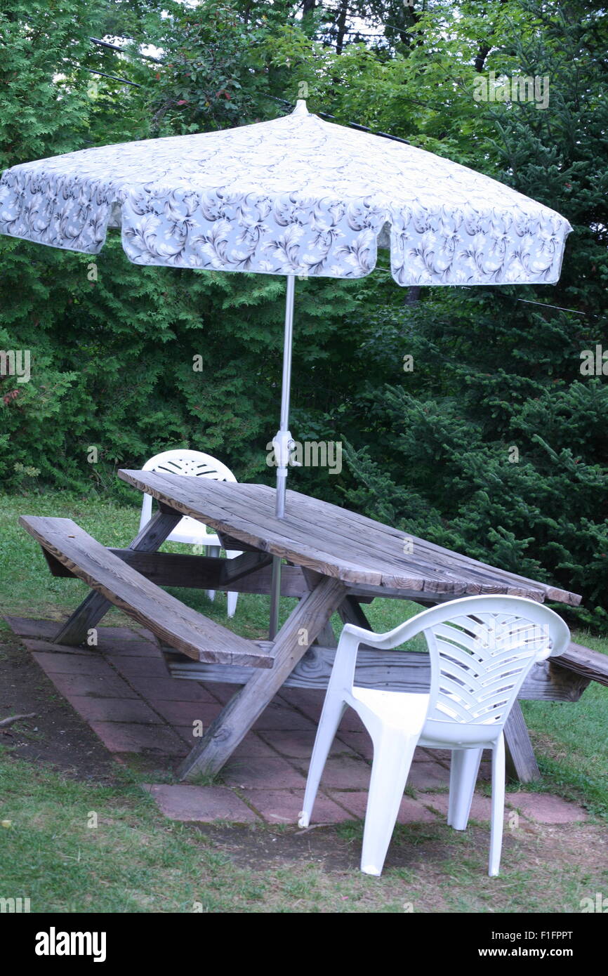 Mesa de picnic con sombrilla rodeada de árboles y césped Fotografía de  stock - Alamy