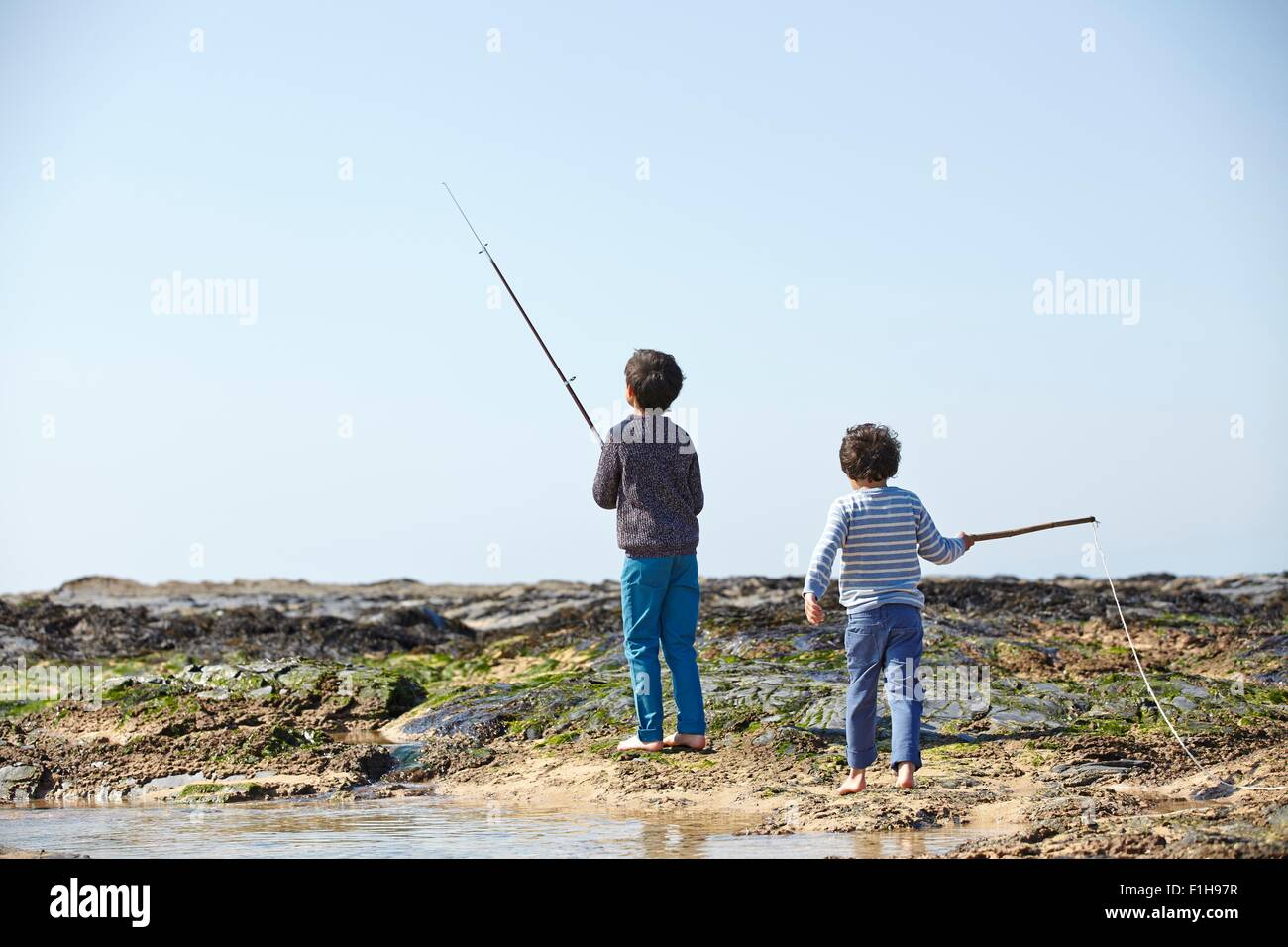 Dos chicos jóvenes, pesca en la playa, vista trasera Foto de stock