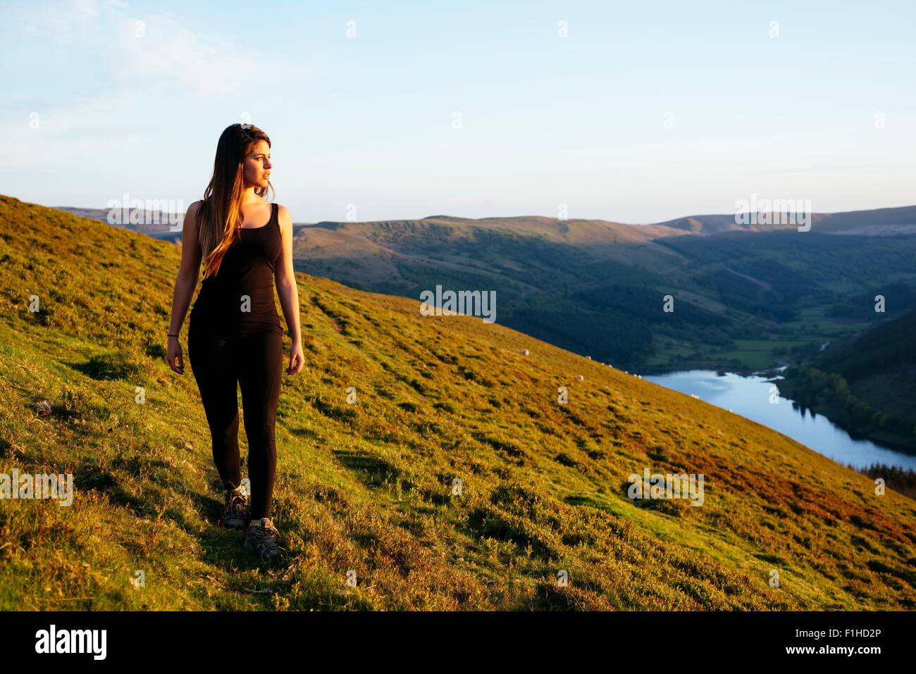 Mujer joven paseando, Glyn Collwn Talybont Embalse de valle, Brecon Beacons, Powys, Gales Foto de stock
