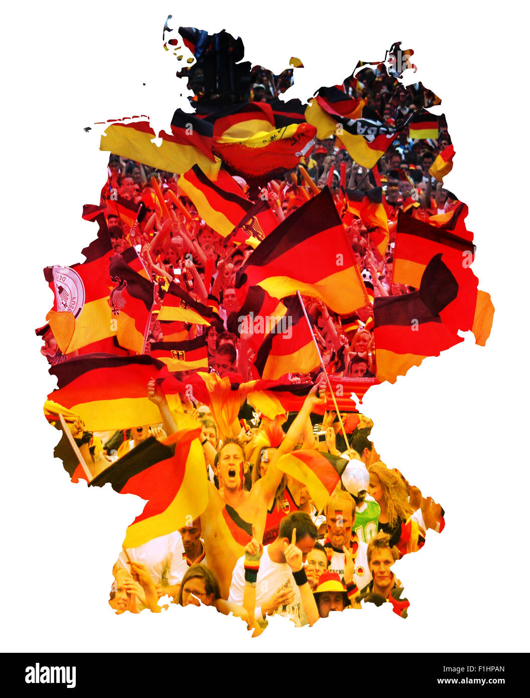 Symbolbild: Bundesrepublik Deutschland: Laenderumriss mit Flagge und jubelnden Fussballfans/ imagen simbólica: República Federal de Foto de stock