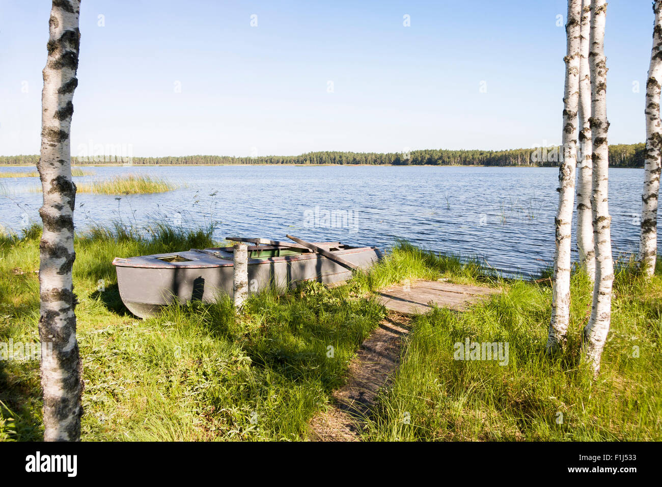 Hecha de metal viejo barco de remo en una hierba en un lago costa Foto de stock