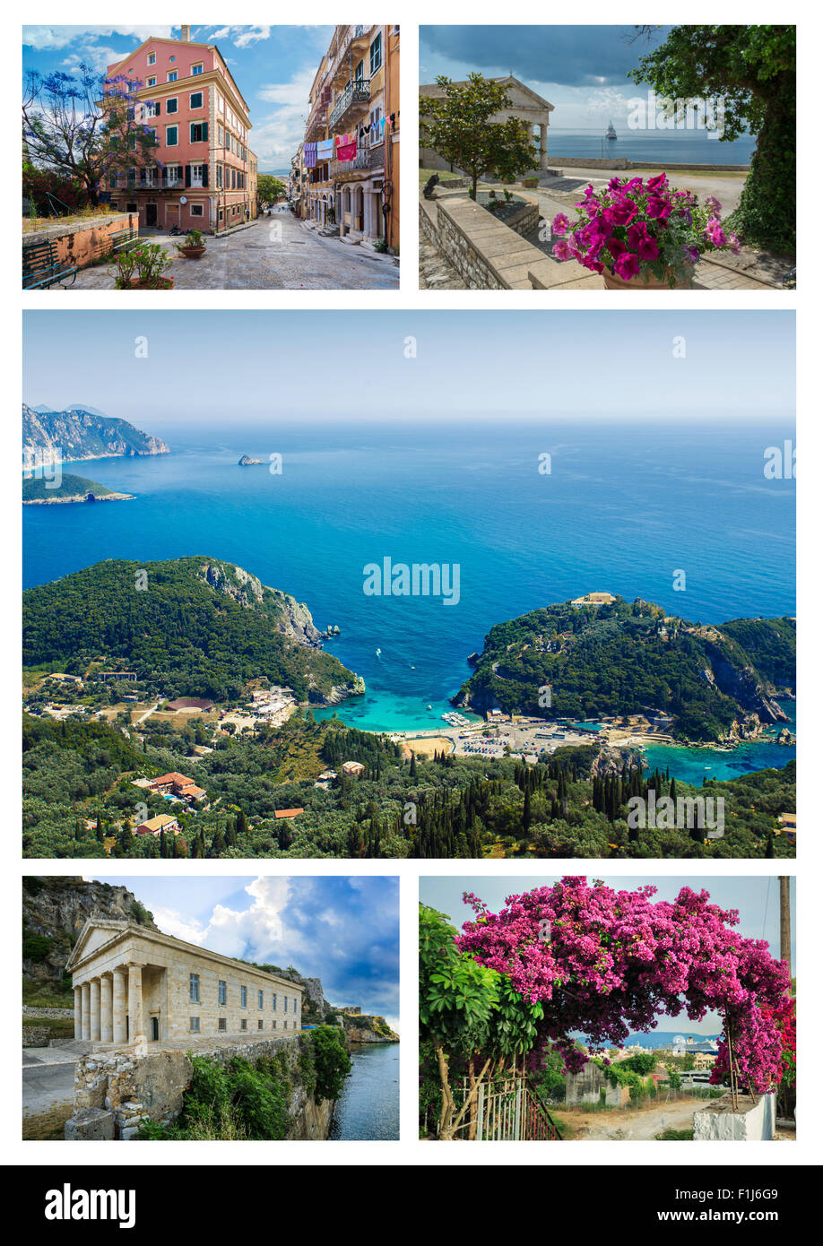 Collage de Corfu (Kerkyra). Conjunto de atractivas vistas de Corfú Foto de stock