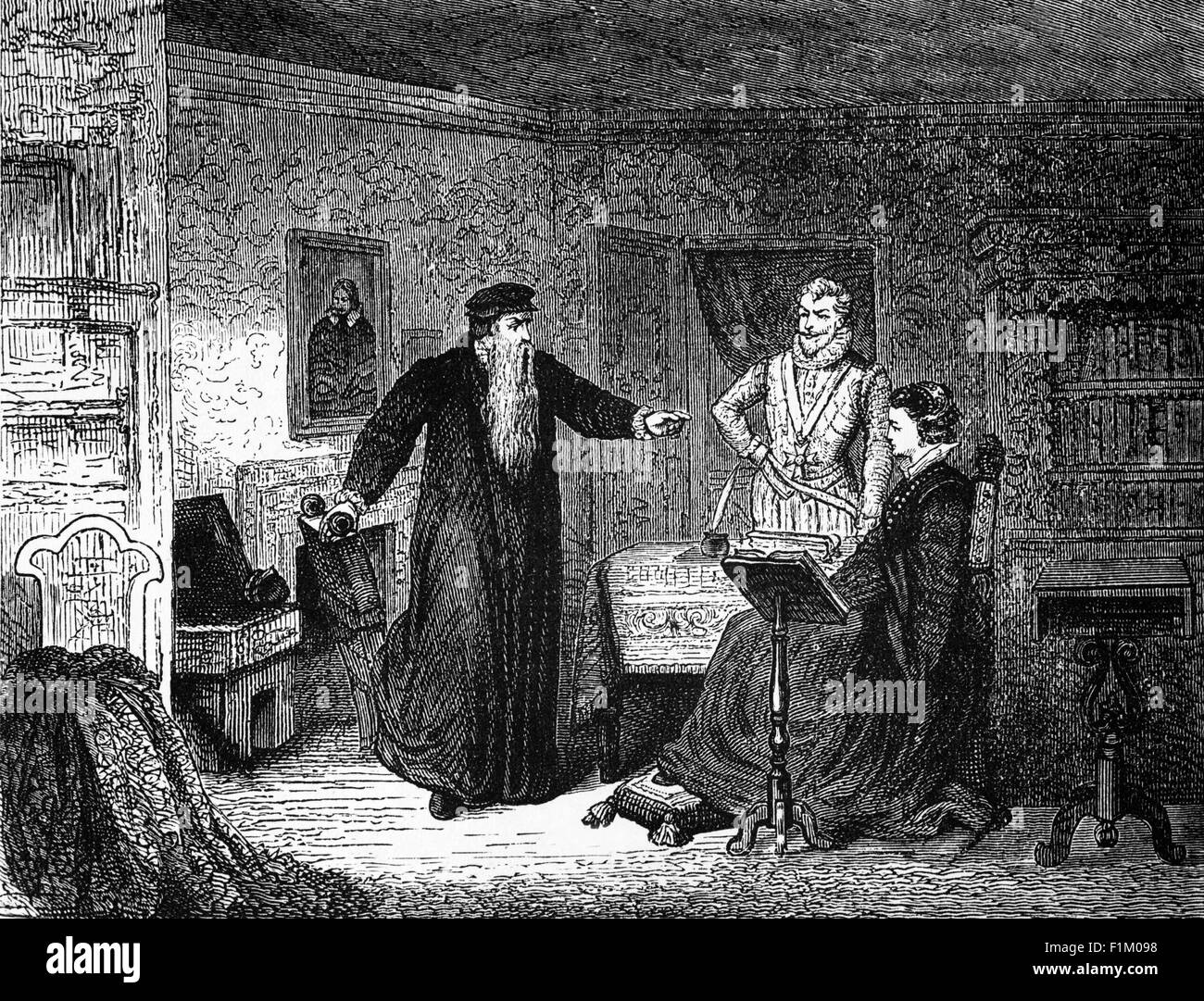 En 1561, la Reina María llegó a Escocia y asistió a la Misa en la capilla real del Palacio Holyrood. El domingo siguiente, John Knox protestó desde el púlpito de San Giles. Como resultado, apenas dos semanas después de su regreso, Mary convocó a Knox y lo acusó de incitar a una rebelión contra su madre y de escribir un libro contra su propia autoridad. KNOX respondió que mientras sus sujetos encontraran que su regla era conveniente, estaba dispuesto a aceptar su gobierno. Cuando María le preguntó si los súbditos tenían derecho a resistir a su gobernante, él respondió que si los monarcas excedían sus límites legales, podrían ser r Foto de stock