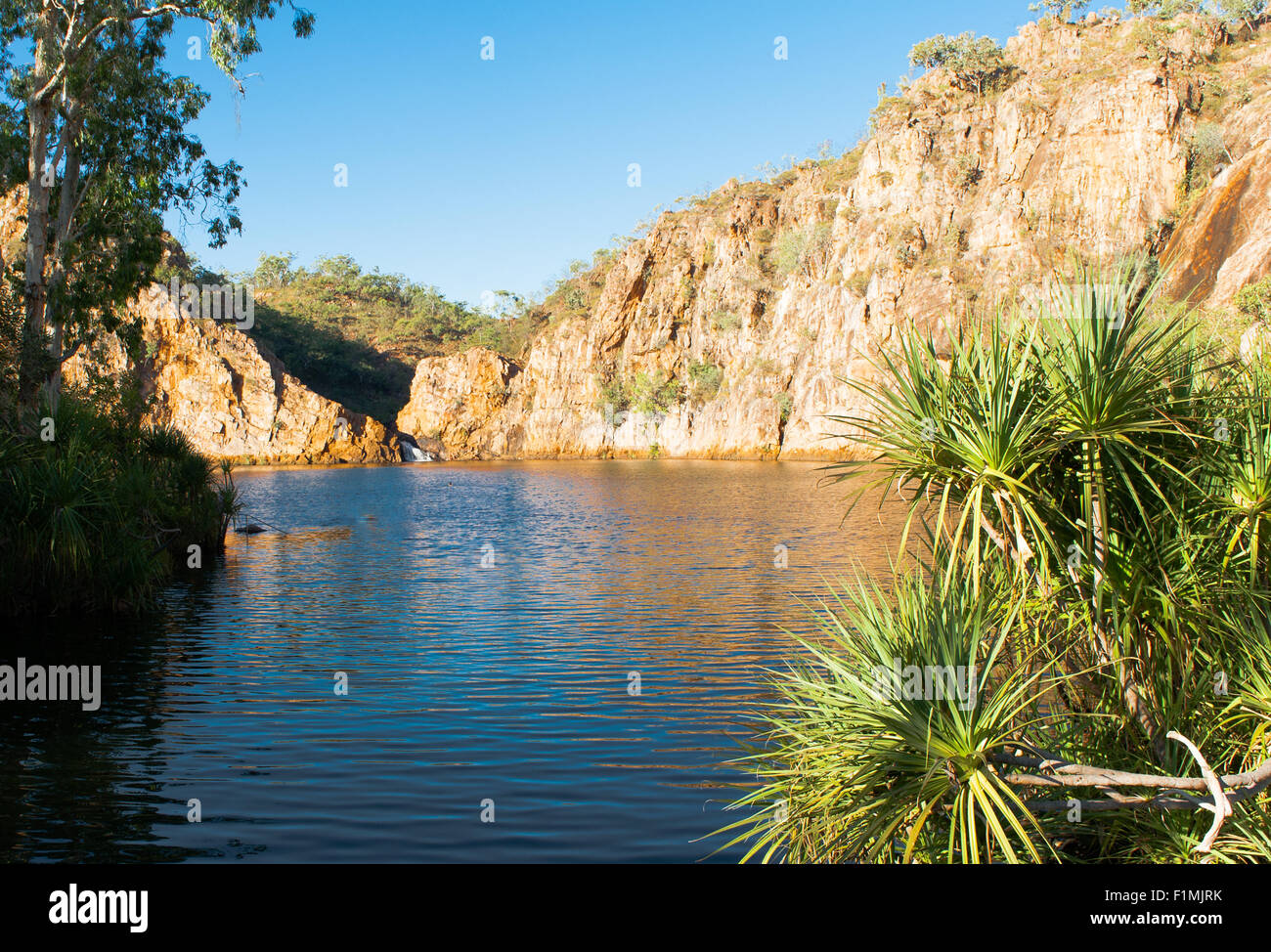 Luz del atardecer iluminando las rocas de la parte inferior de la piscina en Leliyn (Edith Falls), el Parque Nacional de Nitmiluk, Northern Territory Foto de stock