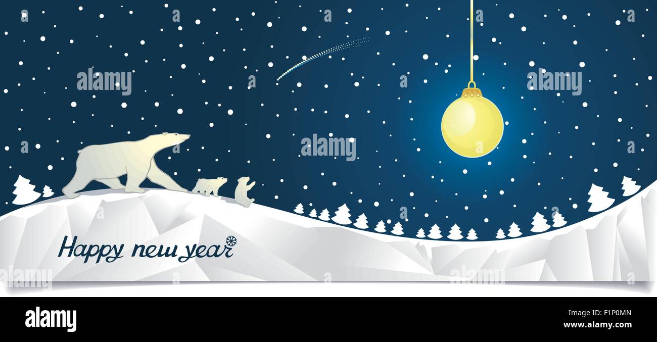 Blanco polar lleva al Polo norte mira la luna en forma de árbol de Navidad  los juguetes. Feliz año nuevo vector horizontal banner Imagen Vector de  stock - Alamy