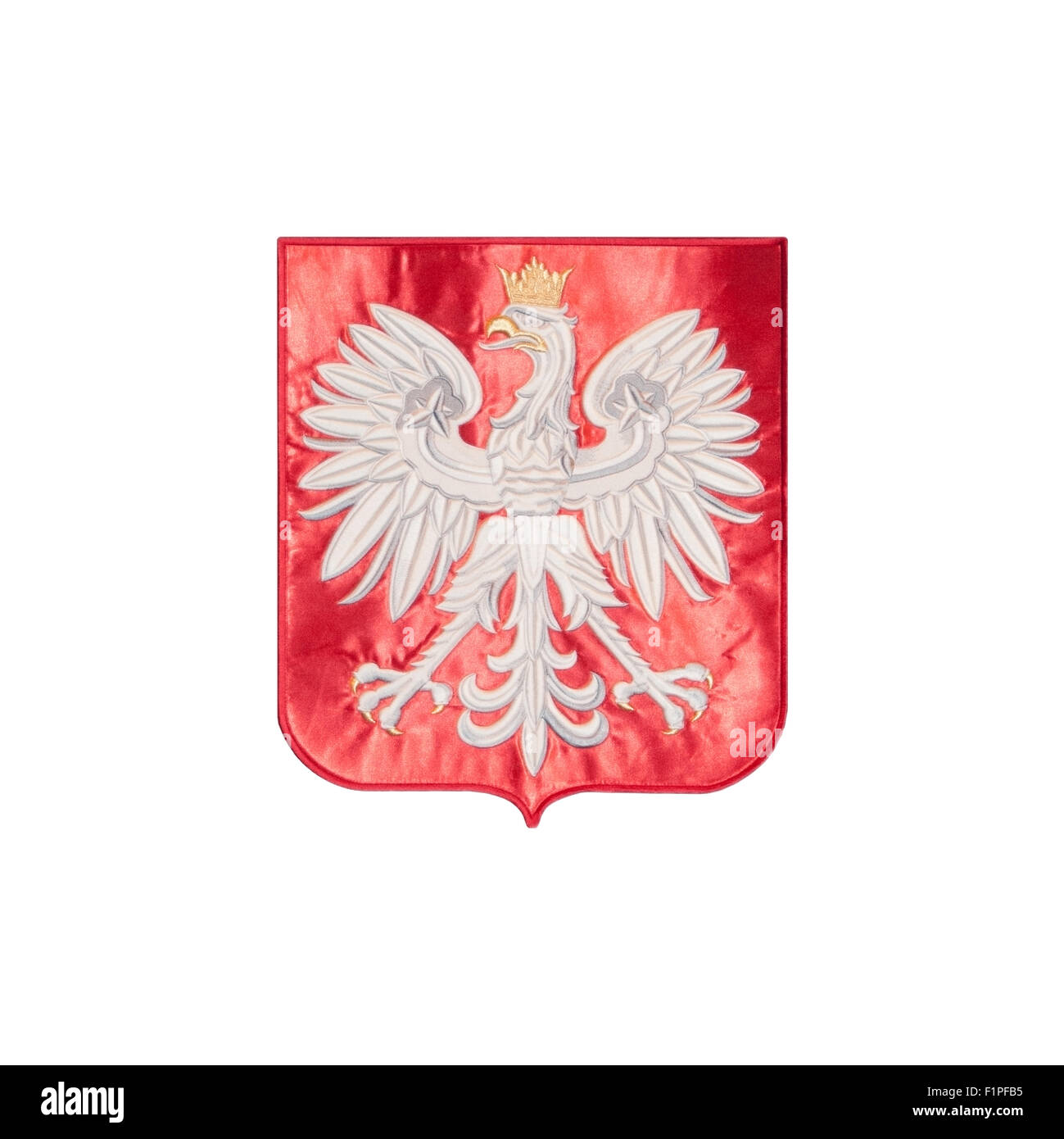 Emblema, el águila polaca con una corona amarilla, bordado sobre una tela de terciopelo rojo, Polska, Polaco, Europea, UE Foto de stock