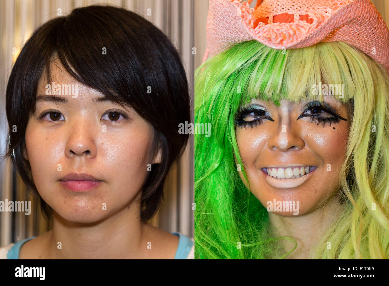 Las fotografías de antes y después de una clienta que se transformó en una  chica Ganguro ganguro en la cafetería y bar en la zona comercial de  Shibuya, el 4 de septiembre