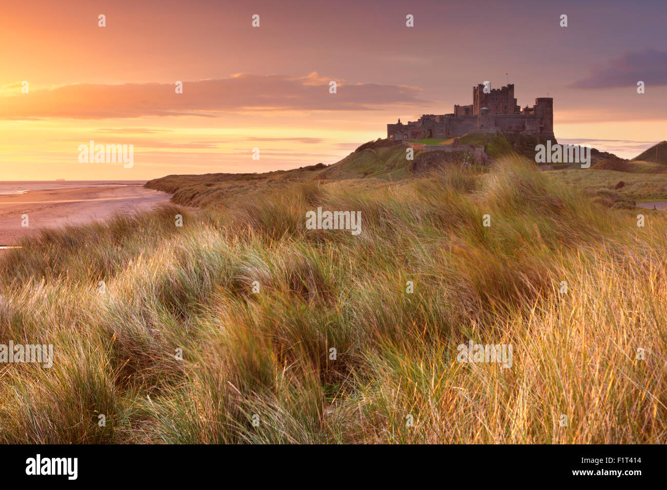 Amanecer sobre las dunas en Bamburgh Castle en Northumberland, Inglaterra. Foto de stock