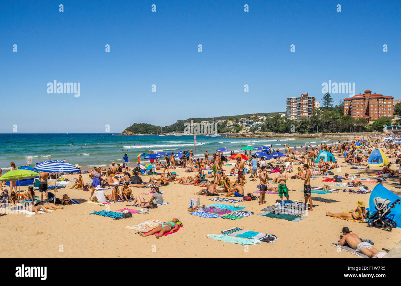 Australia, Nueva Gales del Sur, del lado de la playa de Manly, suburbio del norte de Sydney, la vista de la playa de Manly en un día soleado de verano Foto de stock