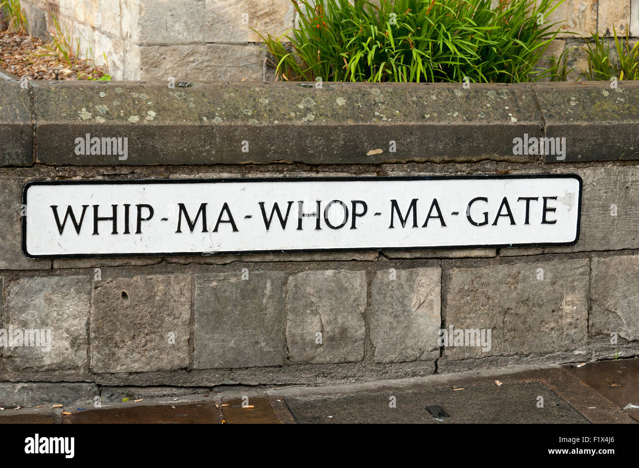 Firmar en nombre de la calle-Whop-Ma Whip-Ma-Gate, la ciudad de York, Inglaterra, Reino Unido. La calle más corta en York. Foto de stock