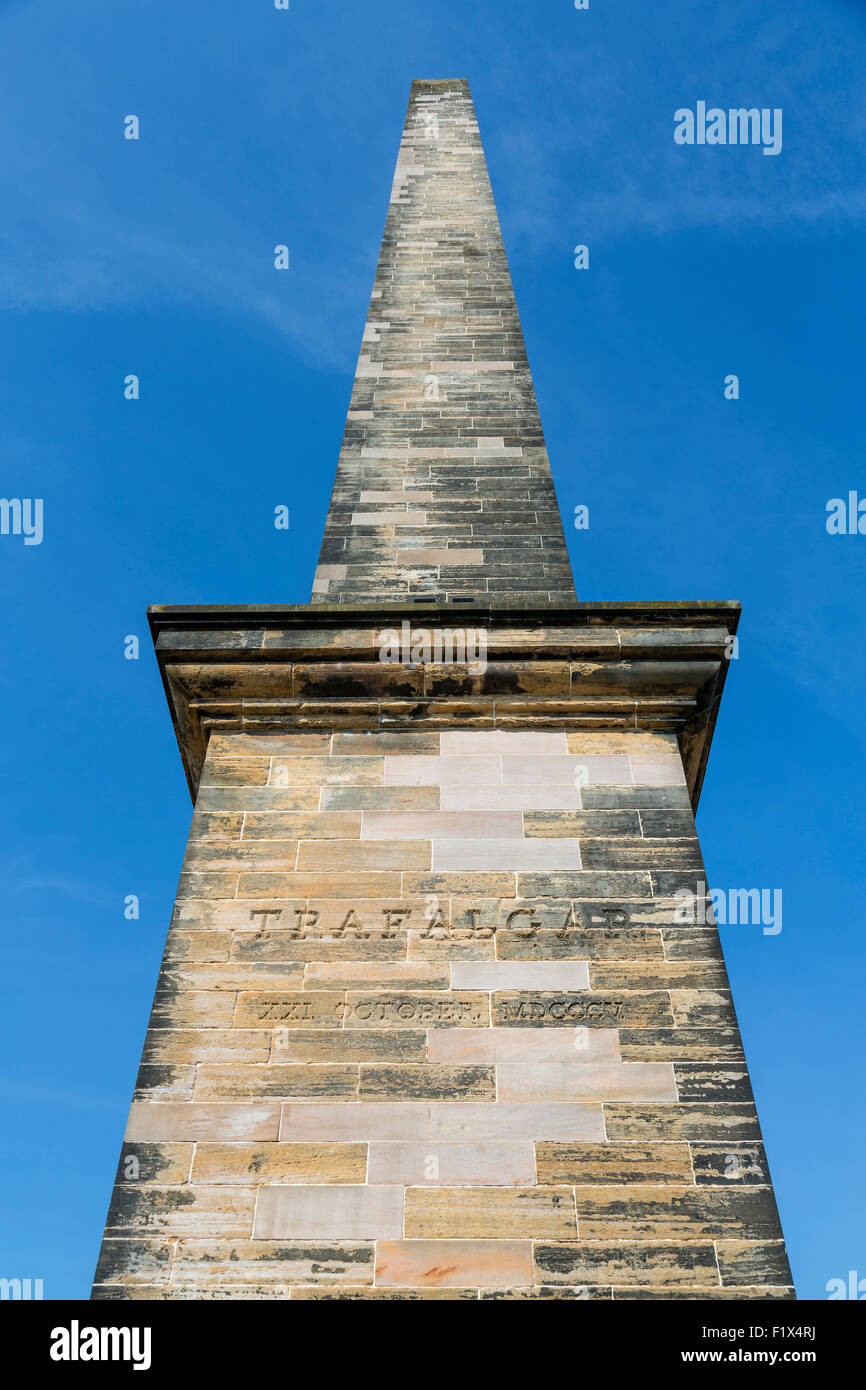 Monumento a Nelson en Glasgow Parque público verde que muestra la inscripción para conmemorar la Batalla de Trafalgar, Escocia, Reino Unido Foto de stock