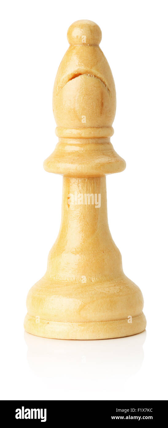 Obispo de ajedrez de madera blanca sobre fondo blanco. Foto de stock