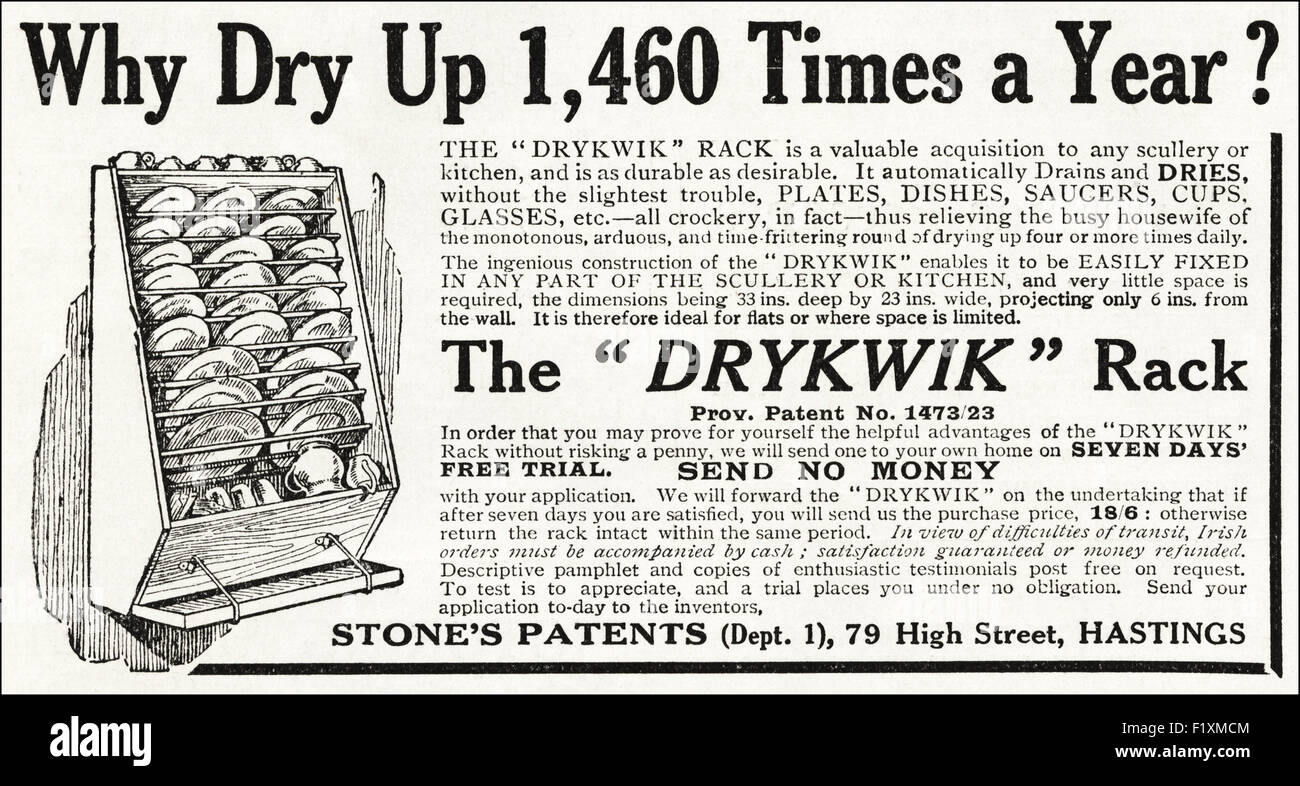 Anuncio 1920. Anuncio de fecha 1923 publicidad Drykwik tendedero para secar  platos, platos, tazas, etc. en el lavadero o la cocina Fotografía de stock  - Alamy
