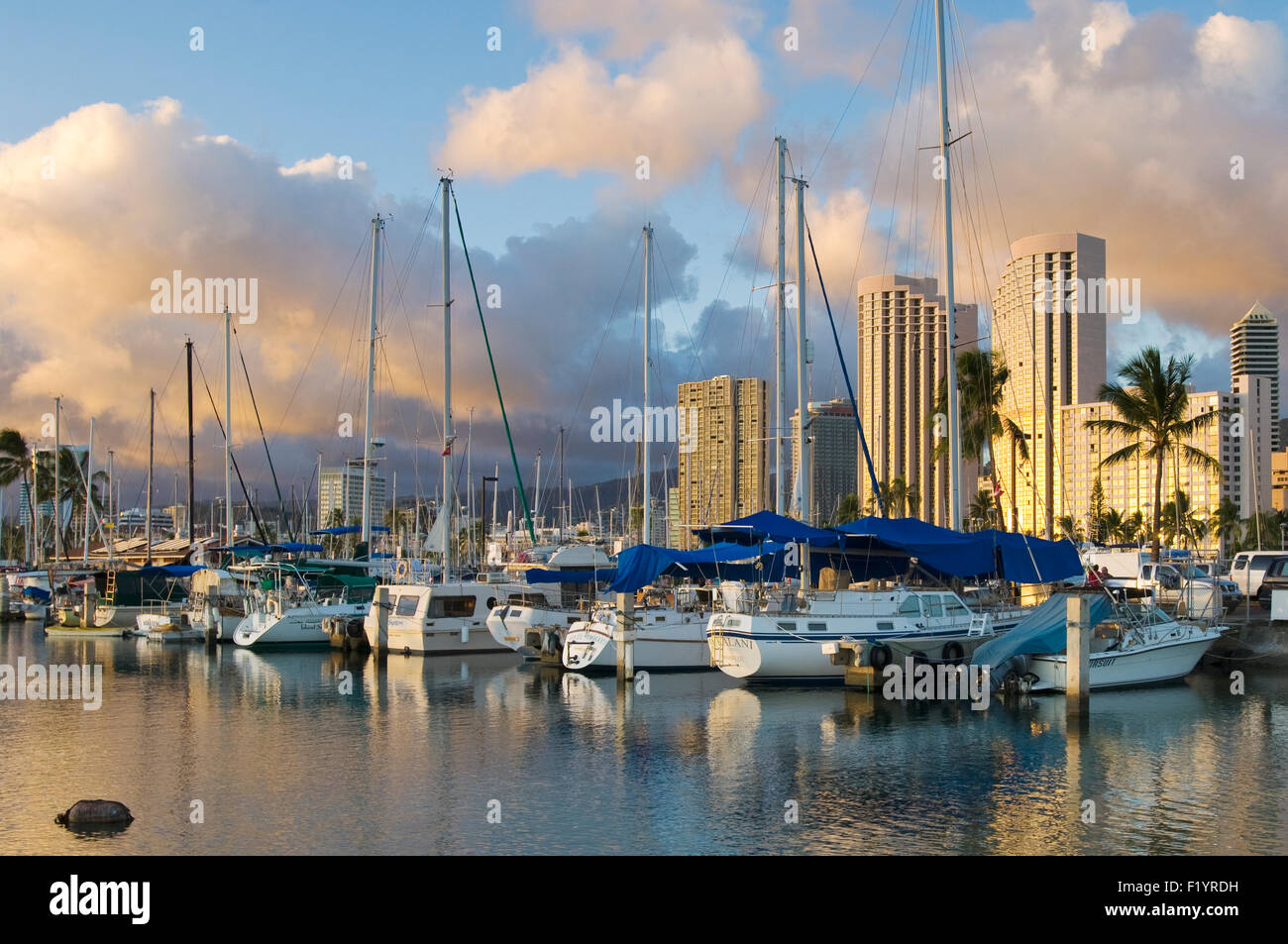 Atardecer en el puerto de Ala Wai con Harbour y yates en primer plano y altísimos hoteles en segundo plano. Foto de stock