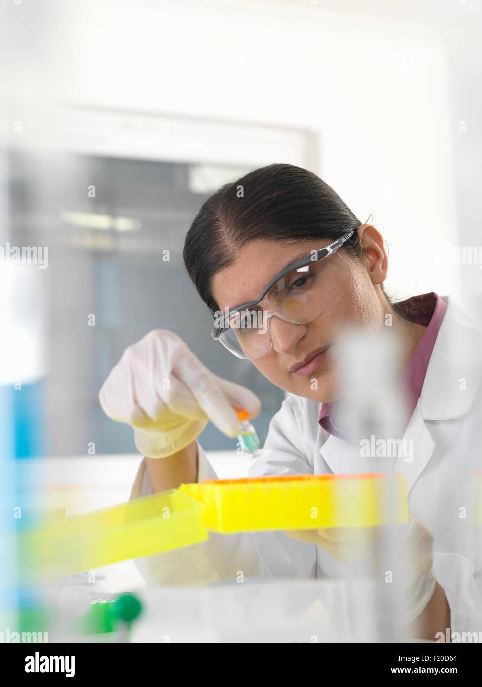 Investigadora examinando muestras de sustancias químicas en el laboratorio Foto de stock