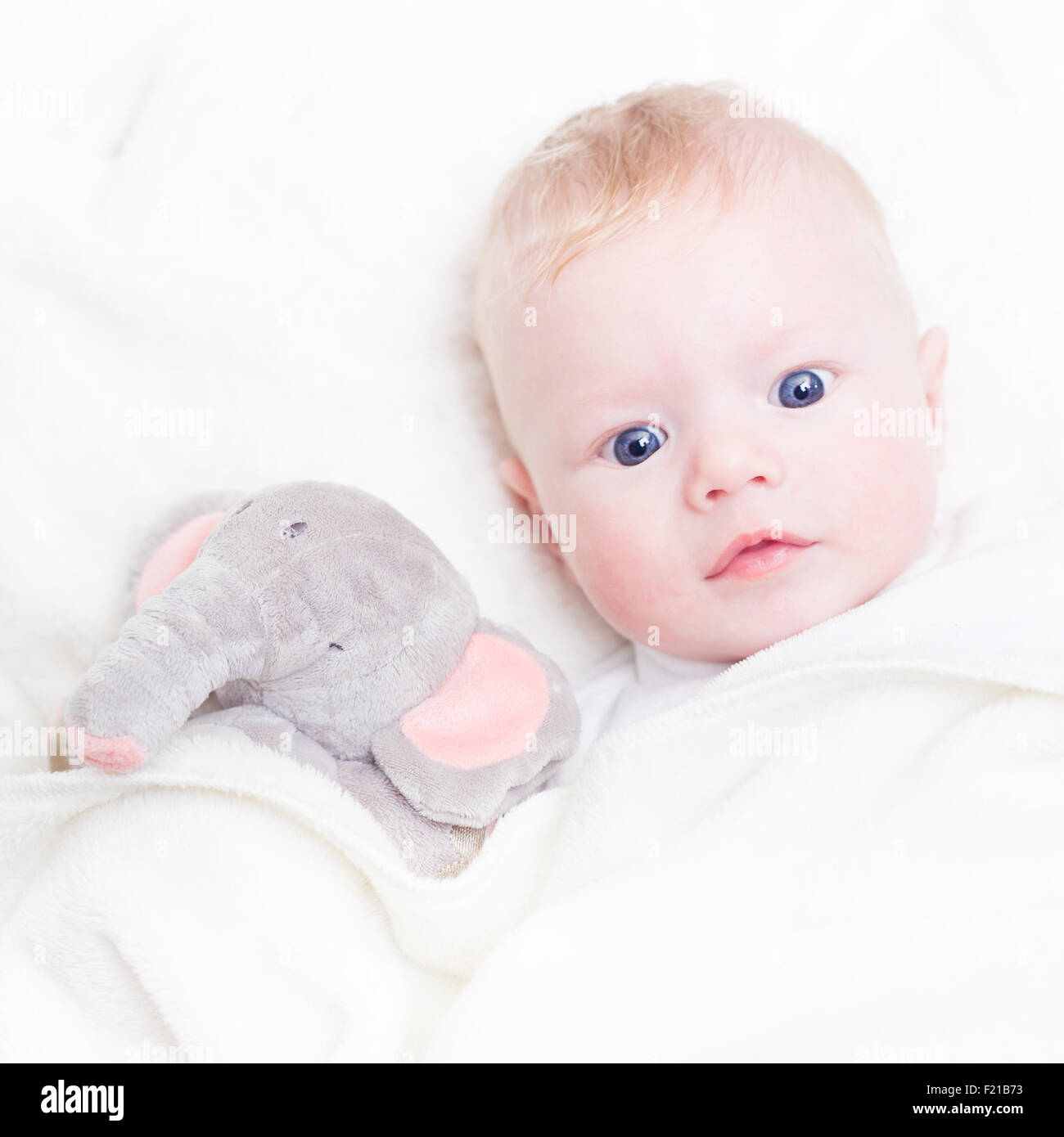 Bebé con juguetes de felpa. Foto de stock