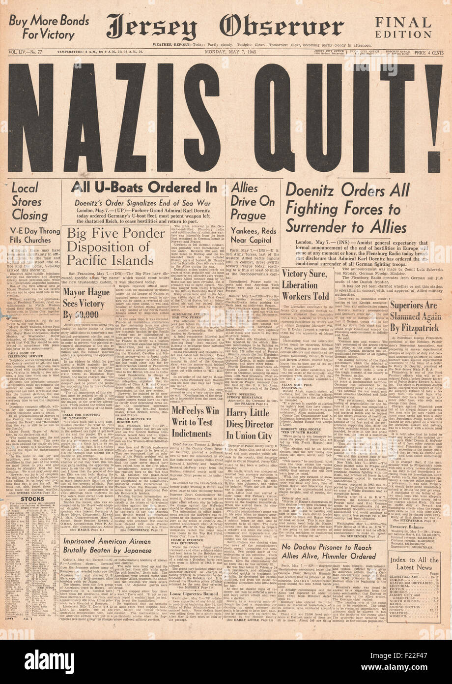 1945 Jersey Observer (USA) Front page informes finales de la guerra en  Europa como la Alemania nazi se rinde Fotografía de stock - Alamy