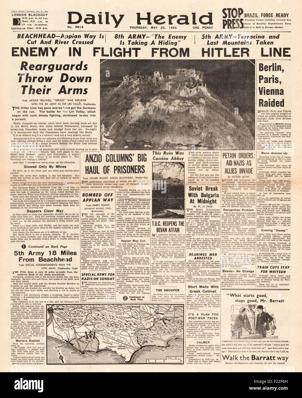 1944 Daily Herald portada presentación la batalla de Anzio cabeceras de playa Foto de stock