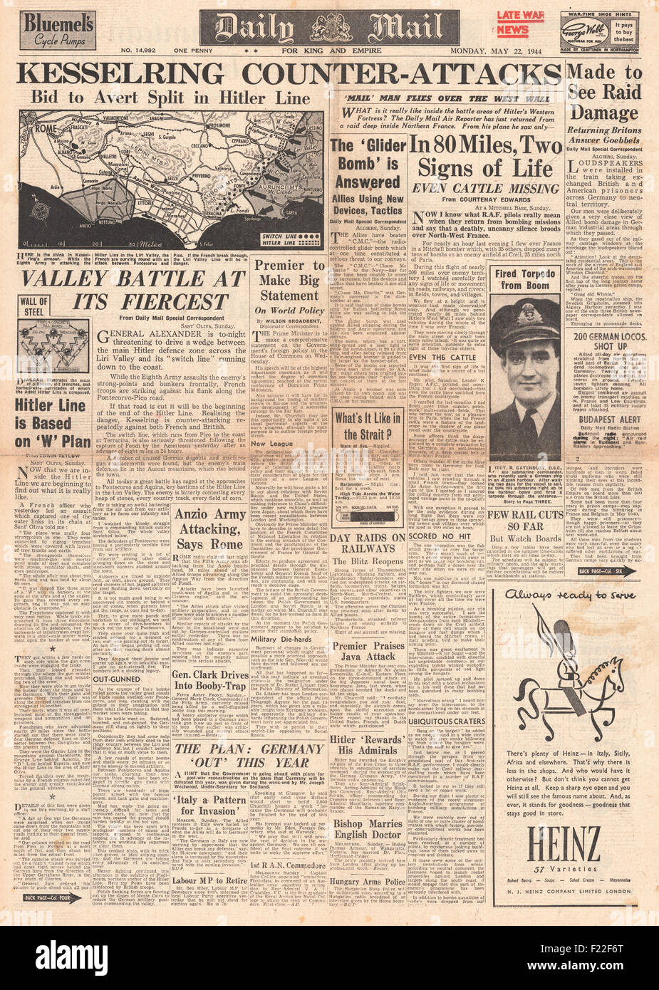 1944 Daily Mail portada presentación la batalla de Anzio cabeceras de playa Foto de stock