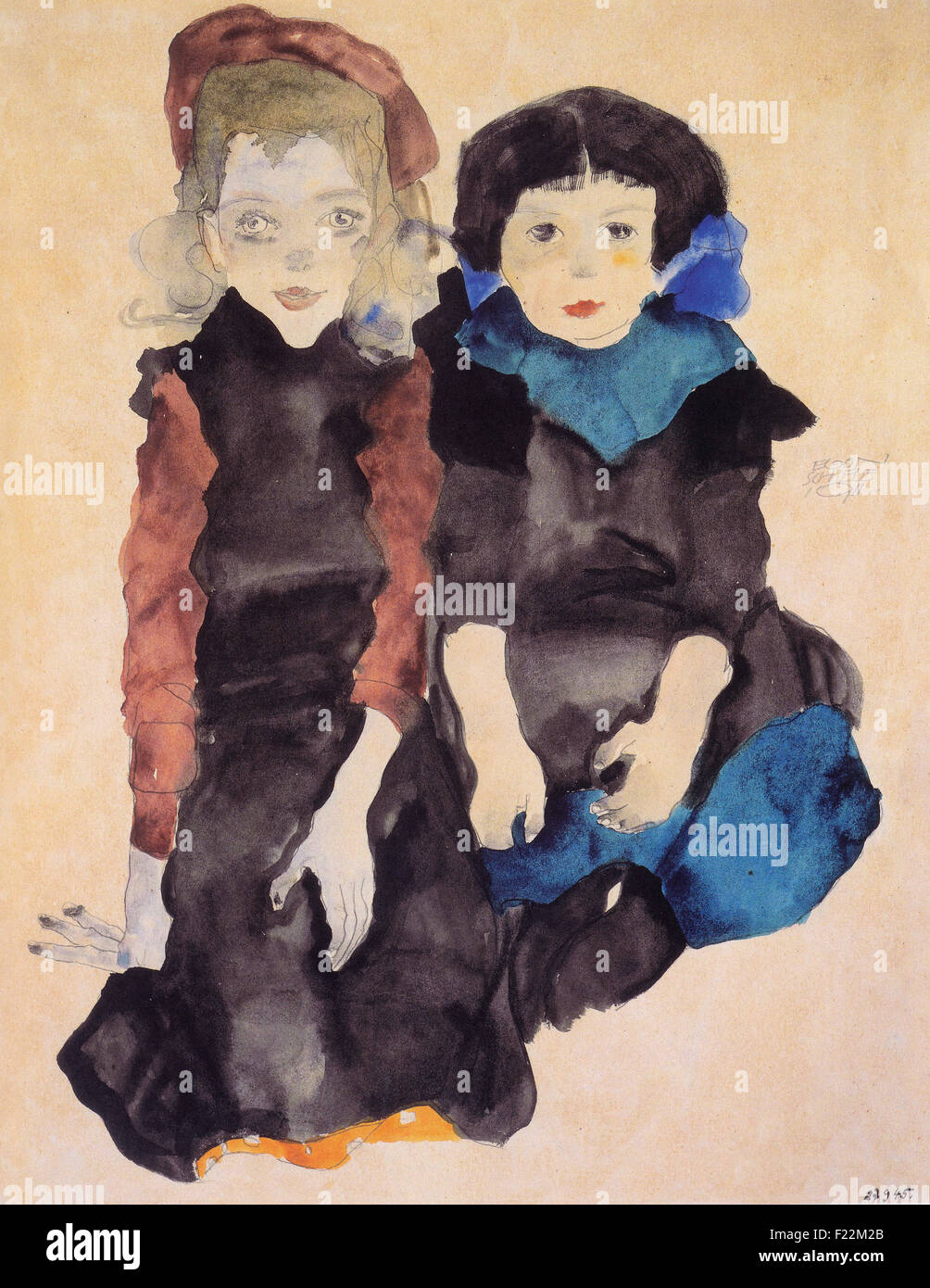 Egon Schiele - Zwei kauernde Mädchen Foto de stock
