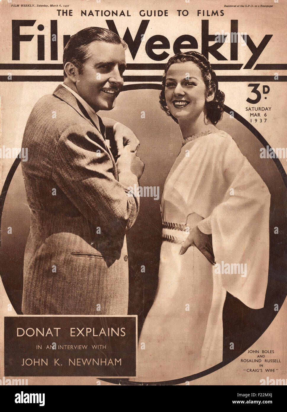 1937 semanal de cine John Bowles & Rosalind Russell Foto de stock