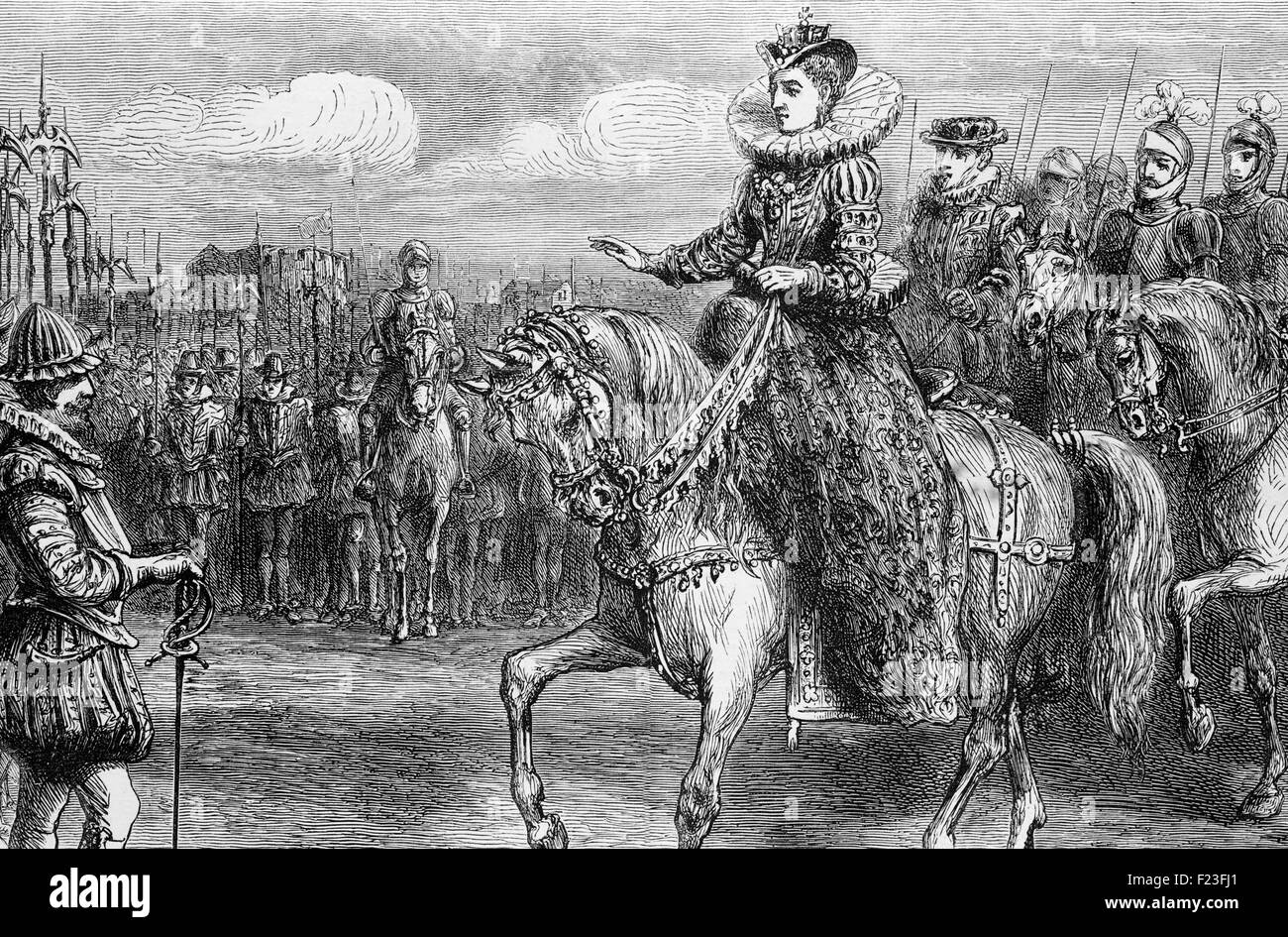 La reina Isabel I de Inglaterra dando su discurso a las tropas de Tilbury en Essex, preparación de repeler la esperada invasión por parte de la Armada Española. El 19 de agosto, 1588 . Foto de stock