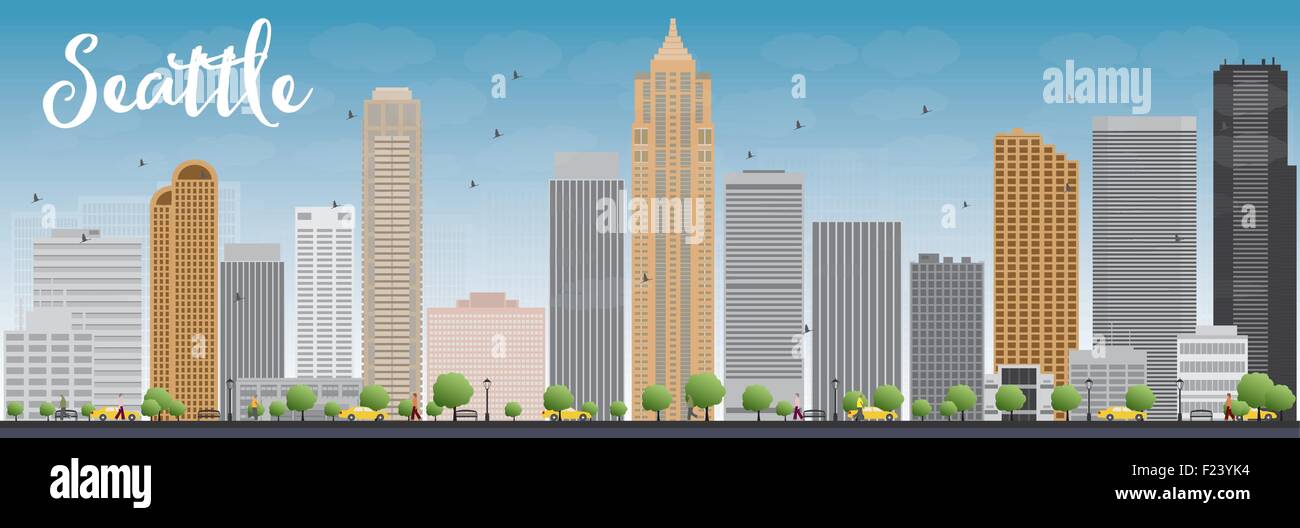 El horizonte de la ciudad de Seattle con los edificios grises y el cielo azul. Ilustración vectorial Ilustración del Vector