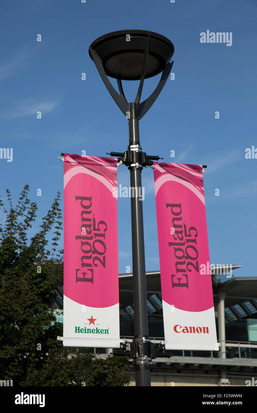 Banners de publicidad de la Rugby World Cup 2015 en Londres, Inglaterra. Foto de stock