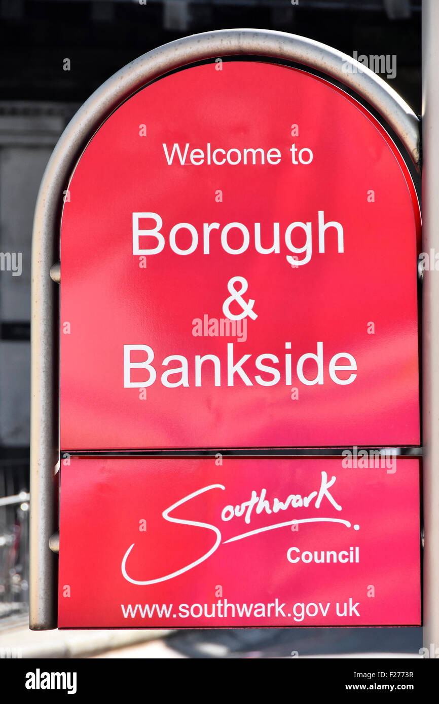 Southwark Council cartel de bienvenida de barrio a barrio y distrito de Bankside en Londres England Reino Unido Foto de stock