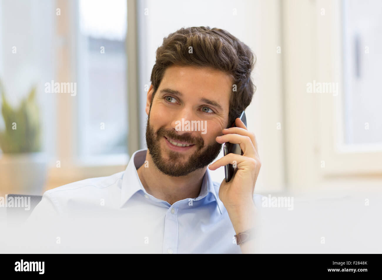 Empresario barbudo hablando por teléfono celular en la oficina Foto de stock