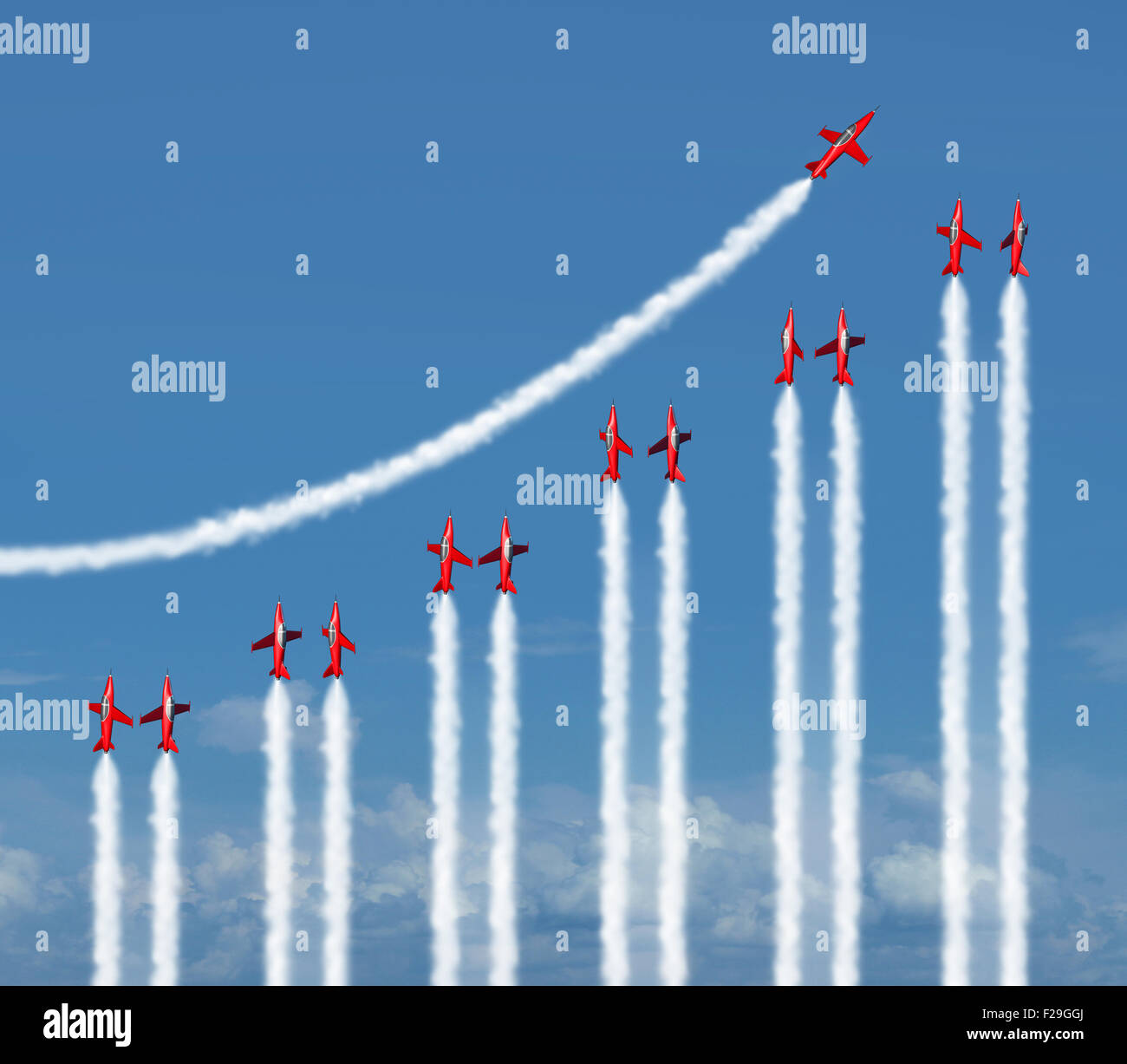 Concepto de diagrama gráfico de negocio como un grupo de aviones acrobáticos vuelan con estelas de humo en forma de un icono de infografía financiera aumento de riqueza y éxito. Foto de stock