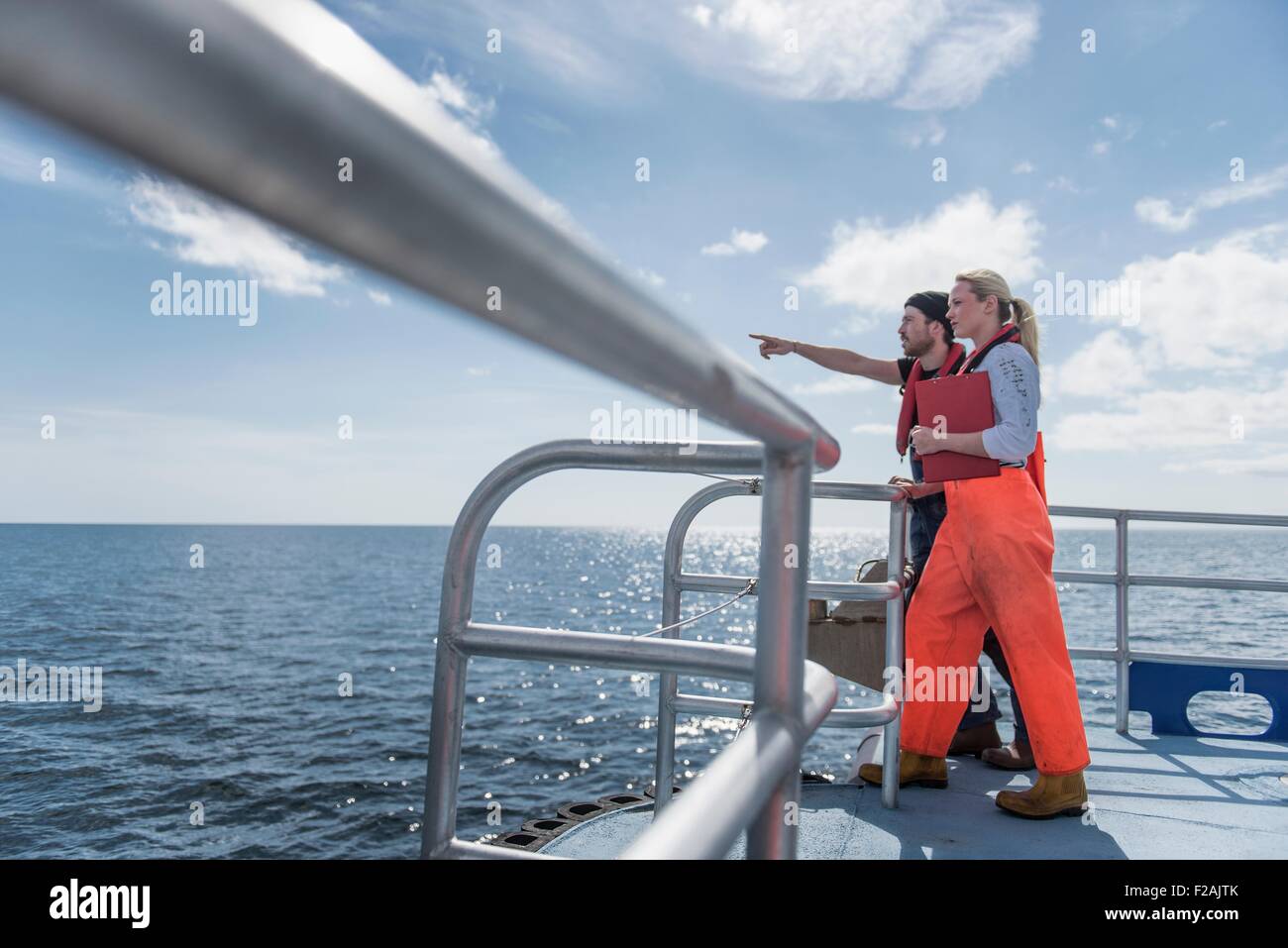 Los científicos mirando a la vida silvestre en la cubierta del buque de investigación Foto de stock