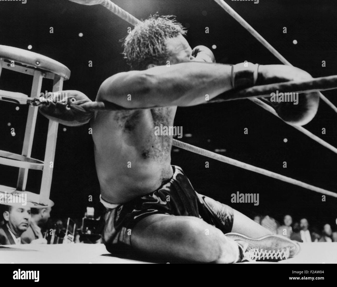 Archie Moore derribado por el Campeón de Peso Pesado Rocky Marciano, del 21 de septiembre, 1955. Era la novena ronda de su lucha por el título en el Estadio de los Yankees de Nueva York. (CSU 2015 11 1525) Foto de stock