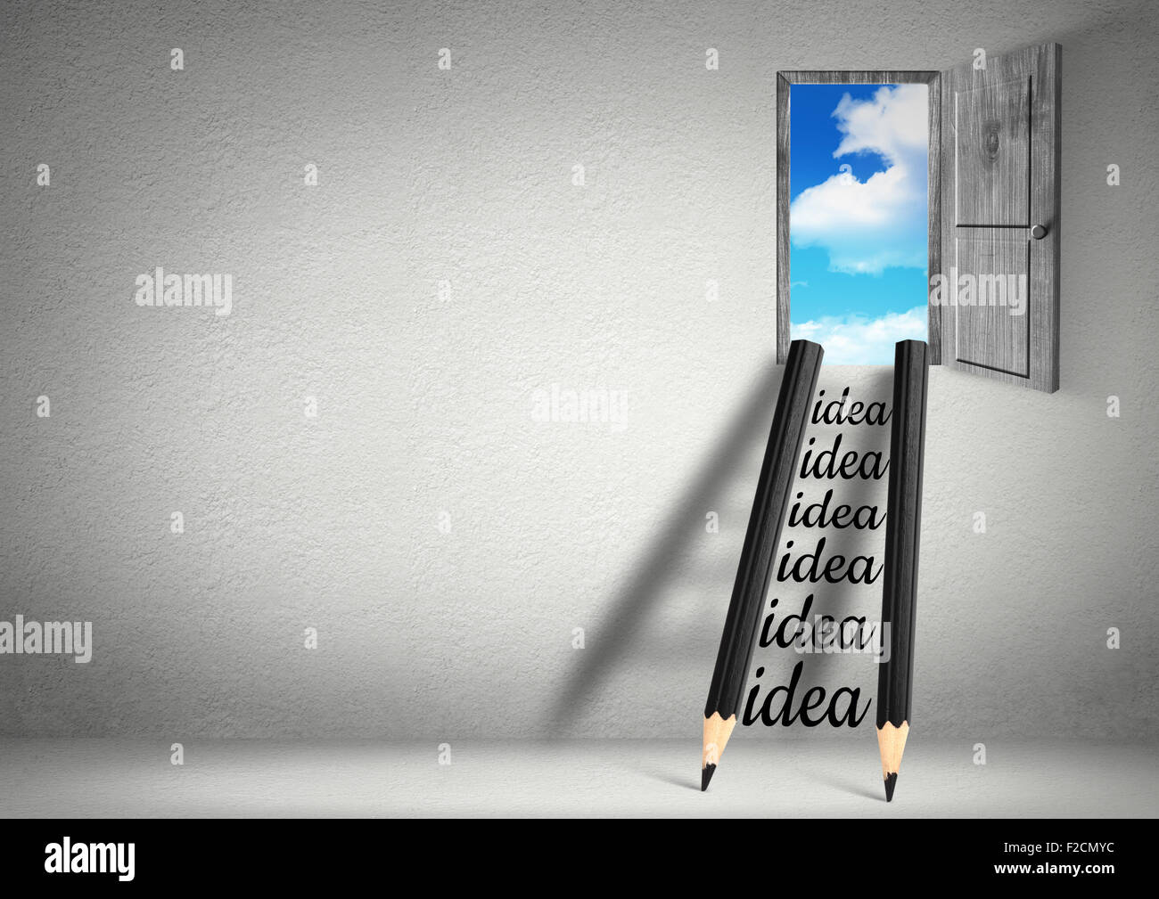Escalera, desde lápices y palabra idea, concepto de solución creativa Foto de stock