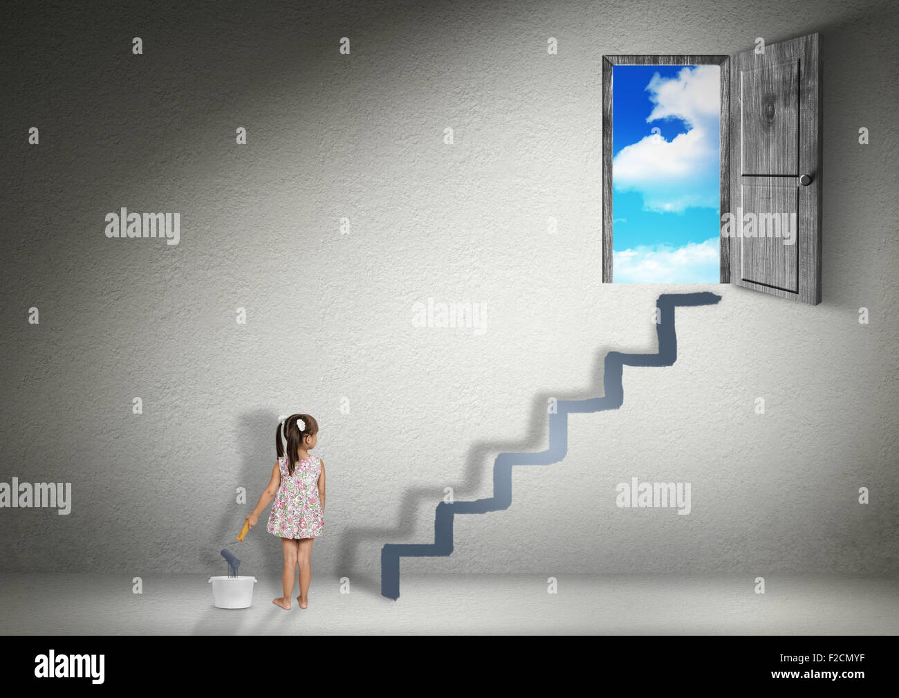 Conquistar el concepto, la niña niño dibuja escaleras para salir Foto de stock