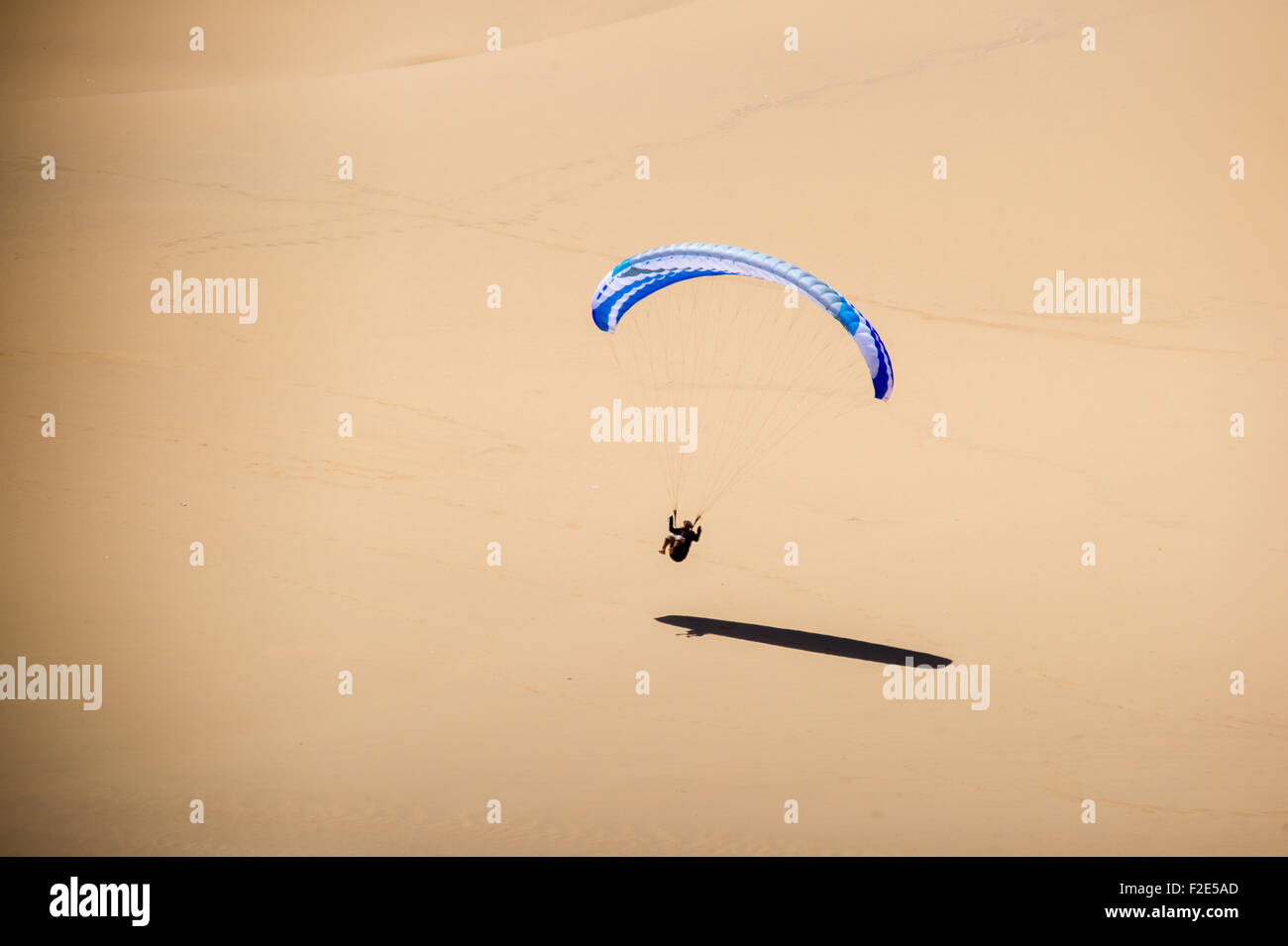 Parachuter haciendo un aterrizaje en el desierto en Swakopmund, Namibia, África Foto de stock