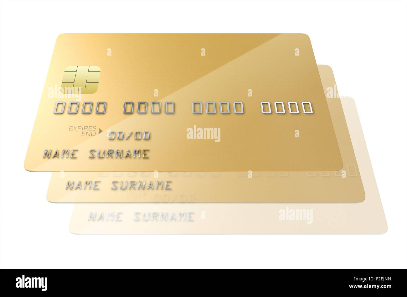 Una visión más cercana de una serie de oro blanco genérico significando la clonación de tarjetas de crédito del banco sobre un fondo blanco aislado studio Foto de stock